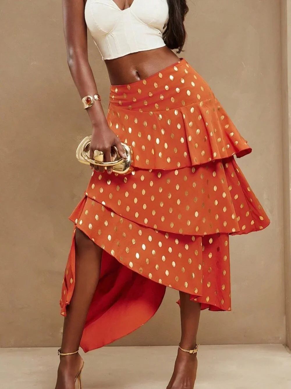 Orange Boho Women's Asymmetrical Layered Midi Skirt